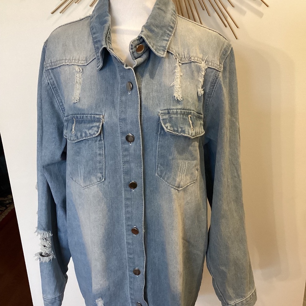 DISTRESSED WASHED BLUE DENIM JACKET ( Size: XXL) ( Color: Light Blue)